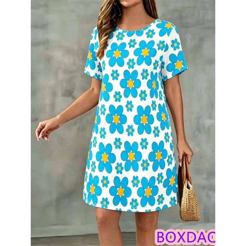 Summer Ladies 3D Printed Short Sleeve Dress Fashion Versatile Breathable Trend Casual