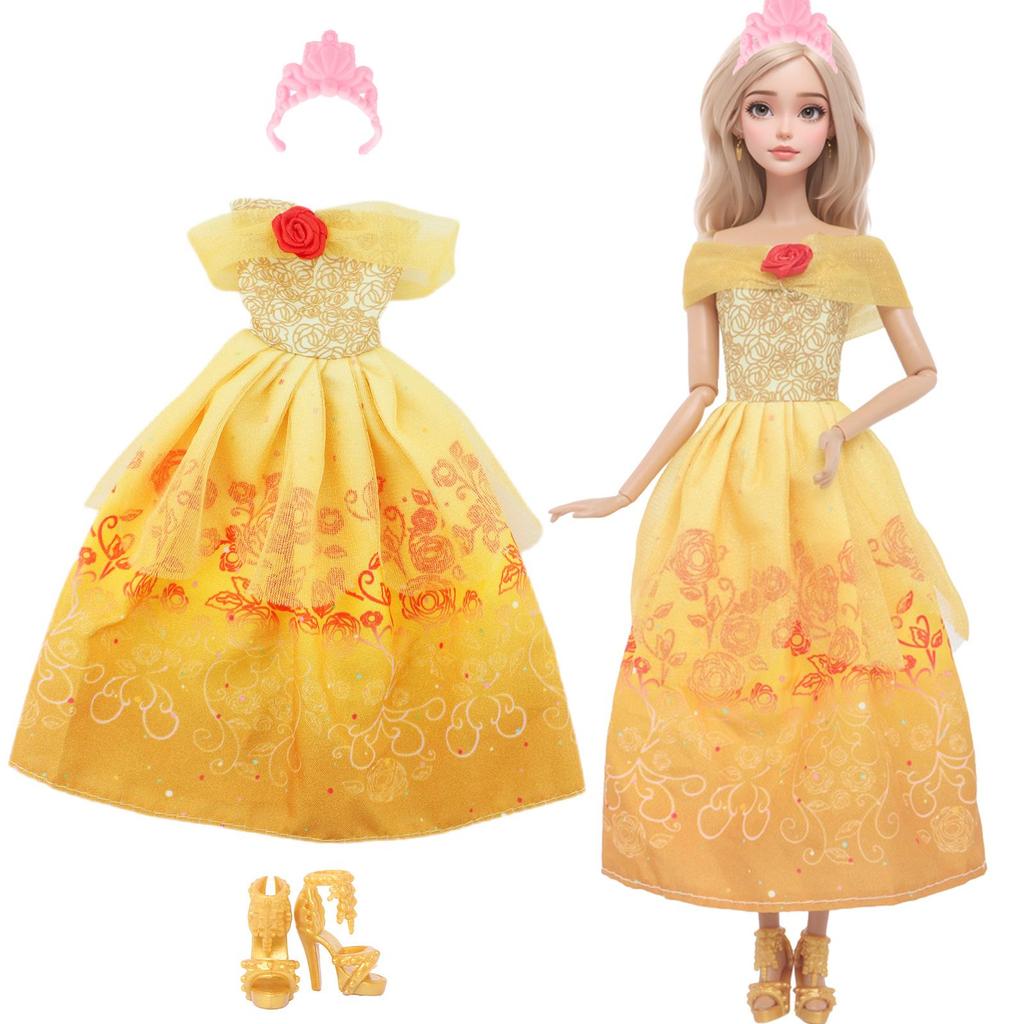 Fashion Doll Dress and Accessories for 30cm Doll 11.5'' Girl Doll Mini Gown with Cute Crown Handbag Shoes Boots Kids Toy Gift