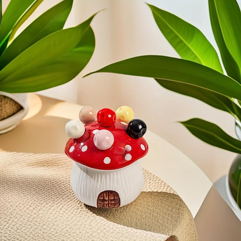 1pc Mushroom Shaped Ceramic Snack Container Set,Stainless Steel Fruit Forks,Detachable Lid, Easy Clean Smooth Edged Design for Fruits/Desserts