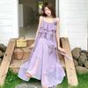 French Purple Suspender Long Dress Female Summer Loose and Thin Lazy Style Big Skirt Elegant Dress Knee Fairy Skirt