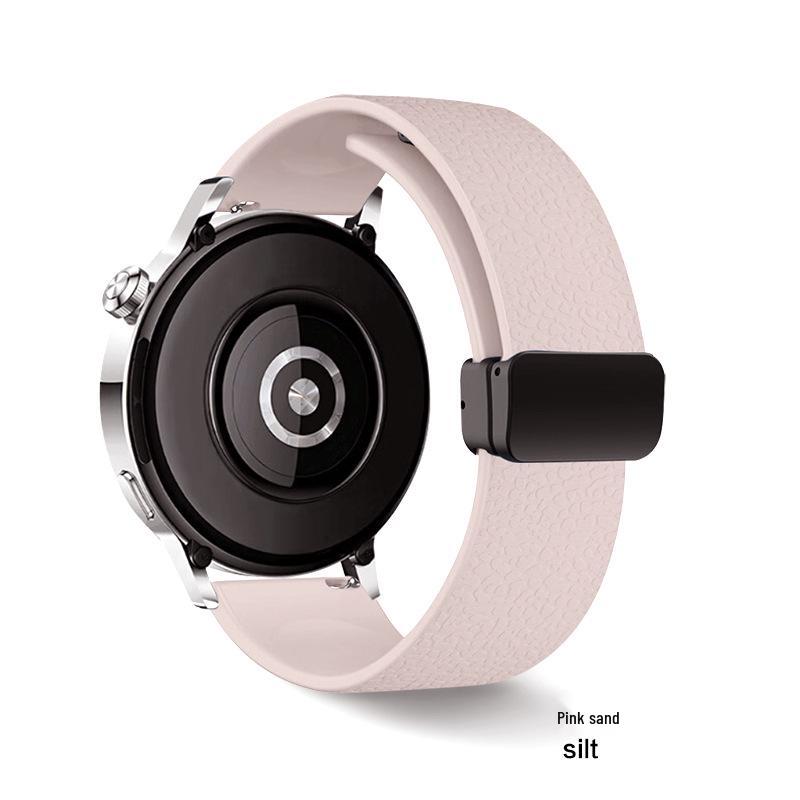 Magnetic Silicone Folding Buckle Watch Strap for Huawei GT5, Samsung 22/18mm with Lychee Pattern.