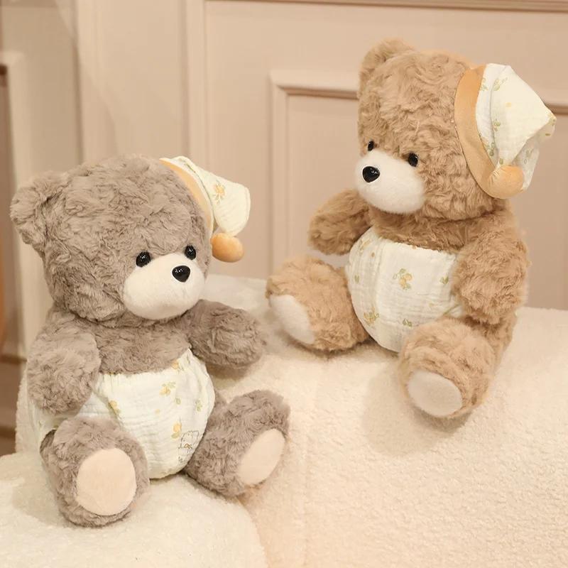 Brown Bear Plush Toy With Sleeping Cap Curly Fur Soft Fluffy Stuffed Animal Doll For Bedroom Home Decor Gift Collection Girl