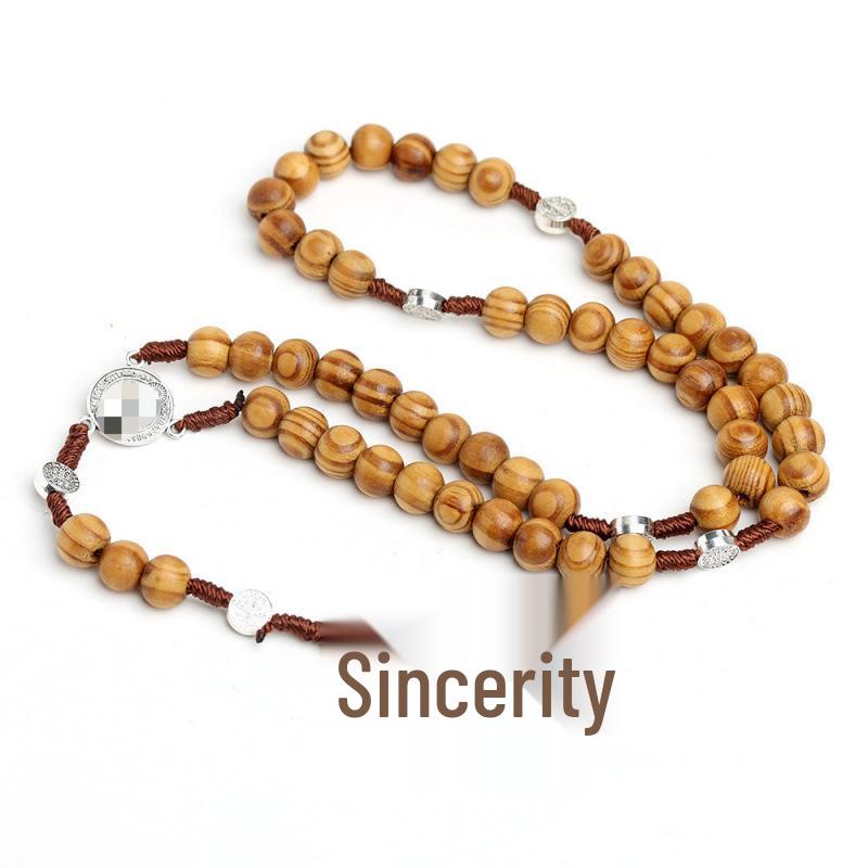 Hand-Knotted Natural Wooden Cross Rosary Necklace with 9x10 Coffee-Colored Wooden Beads