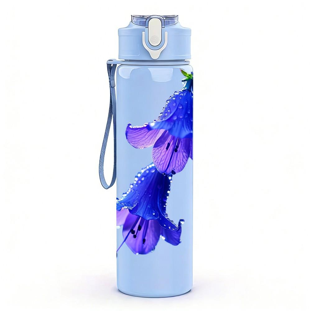1PC Blue Purple Bell Orchid Flower Print 750ml Color Plastic Sports Water Bottle Leakproof Flip Straw Lid Suitable for Sports Office Home Use