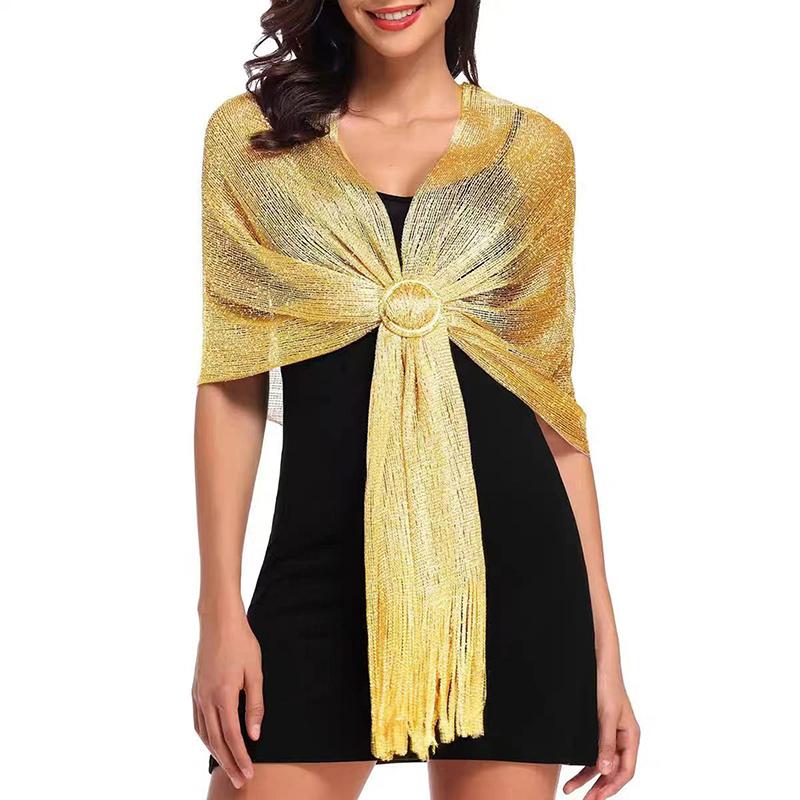 Gold Silver Silk Shawl Shirts For Women Flat Scarf Bride'S Bridesmaid Ball Long Tassel Evening Party Wedding Dress Casual Tunics