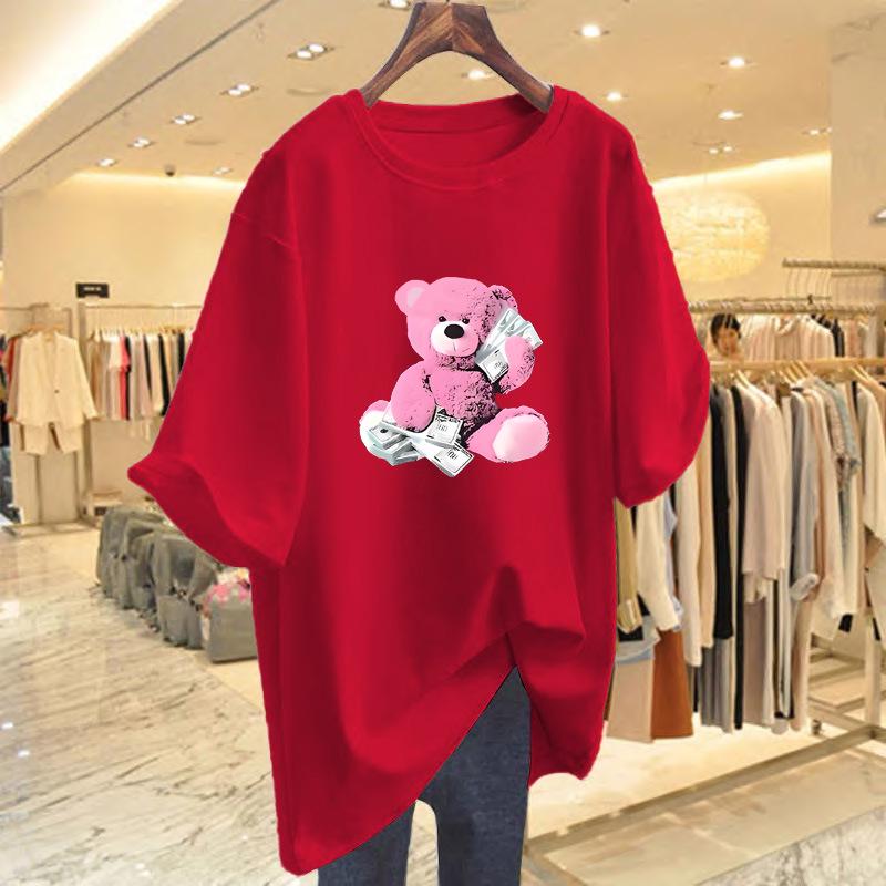 Women's Summer Bear Print Cotton Short Sleeve Loose Round Neck Top