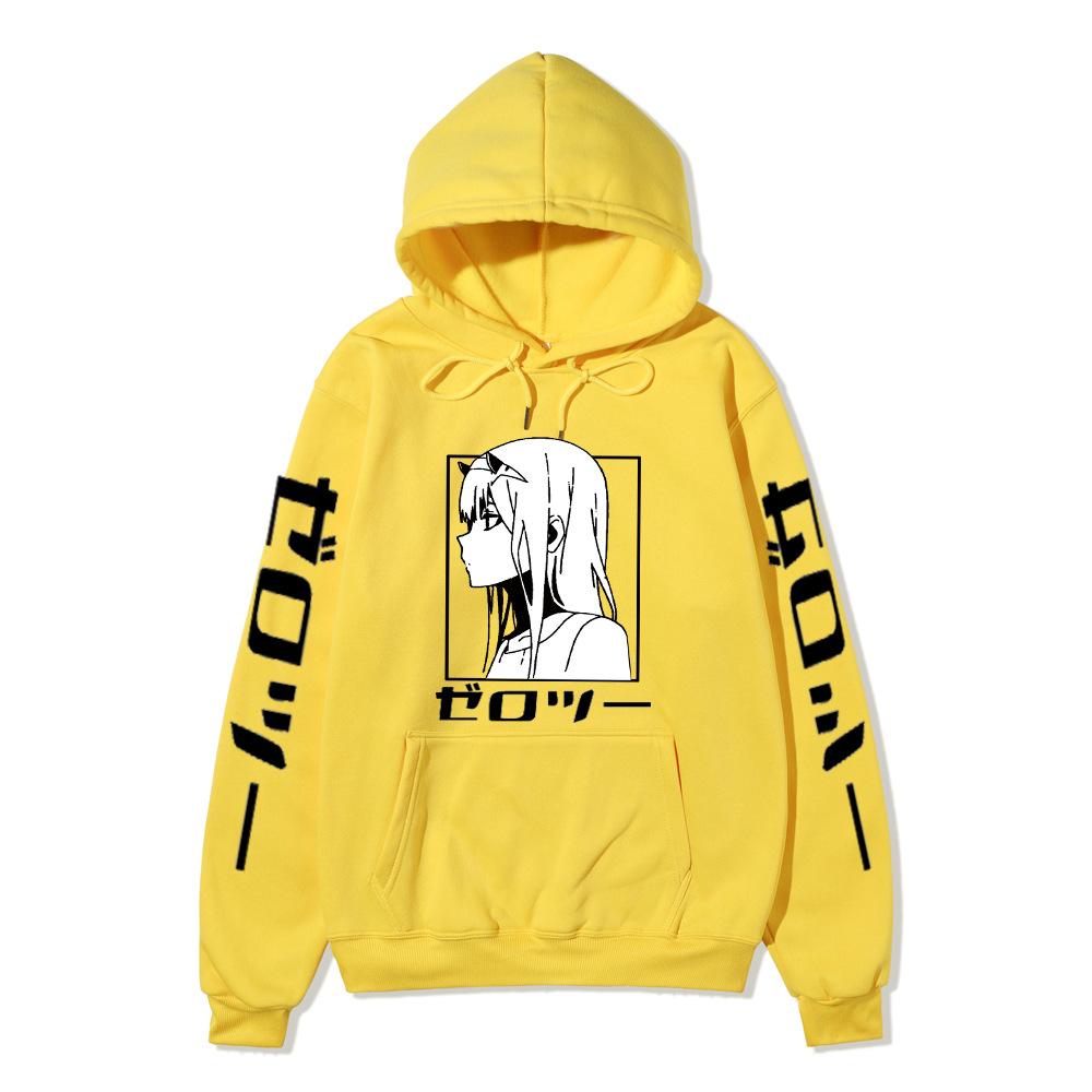Zero Two Side Profile Anime Hoodie Japanese Letter Print Black Casual Long Sleeve Hooded Sweatshirt Pullover