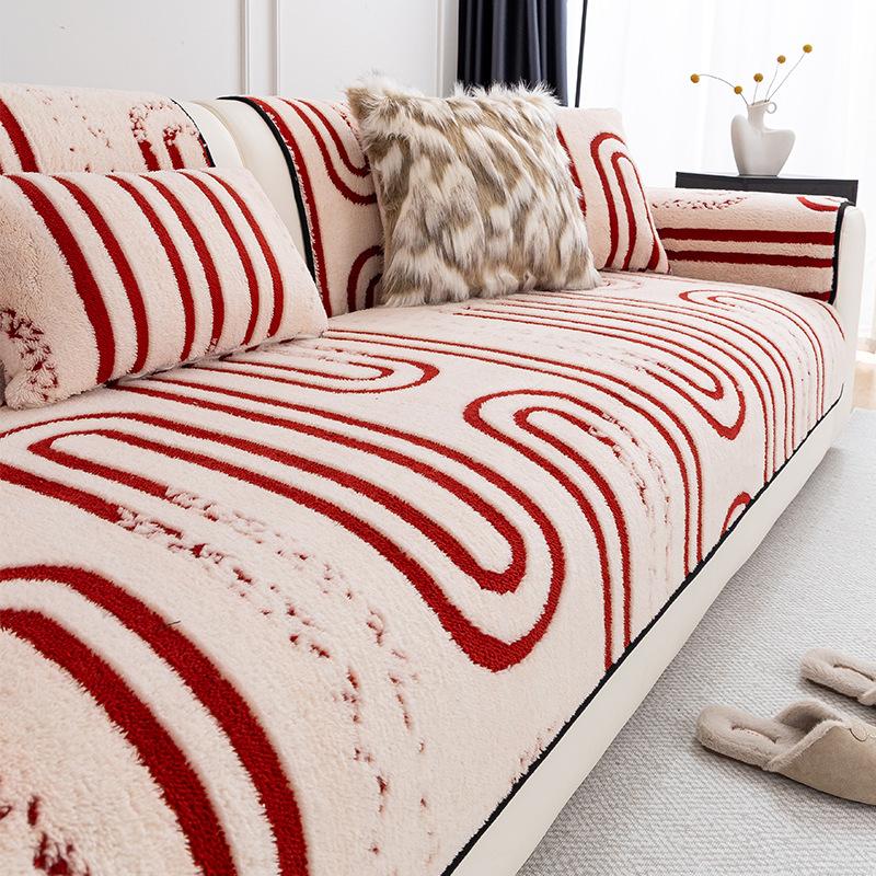 European Striped Jacquard Plush Sofa Cushion Simple Fashion Non-Slip Sofa Cover for Living Room Keep Warm Dustproof Couch Covers