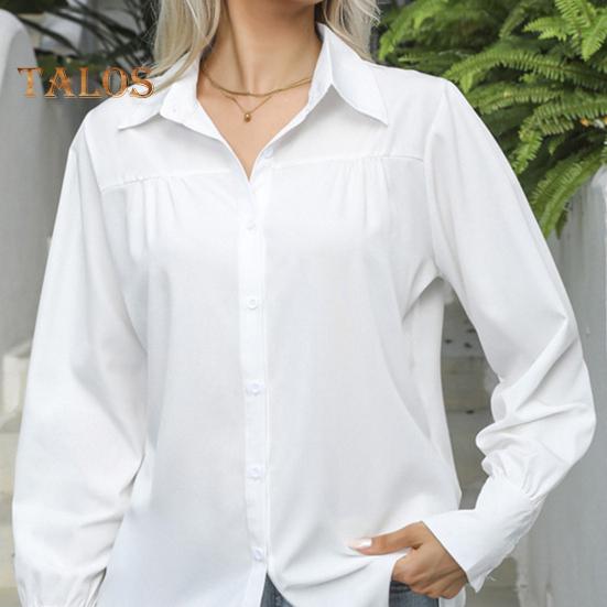 Women Shirt Lapel Puff Long Sleeve Solid Color Single-Breasted Shirt Tops Loose Fit Casual Tops Work Daily Wear