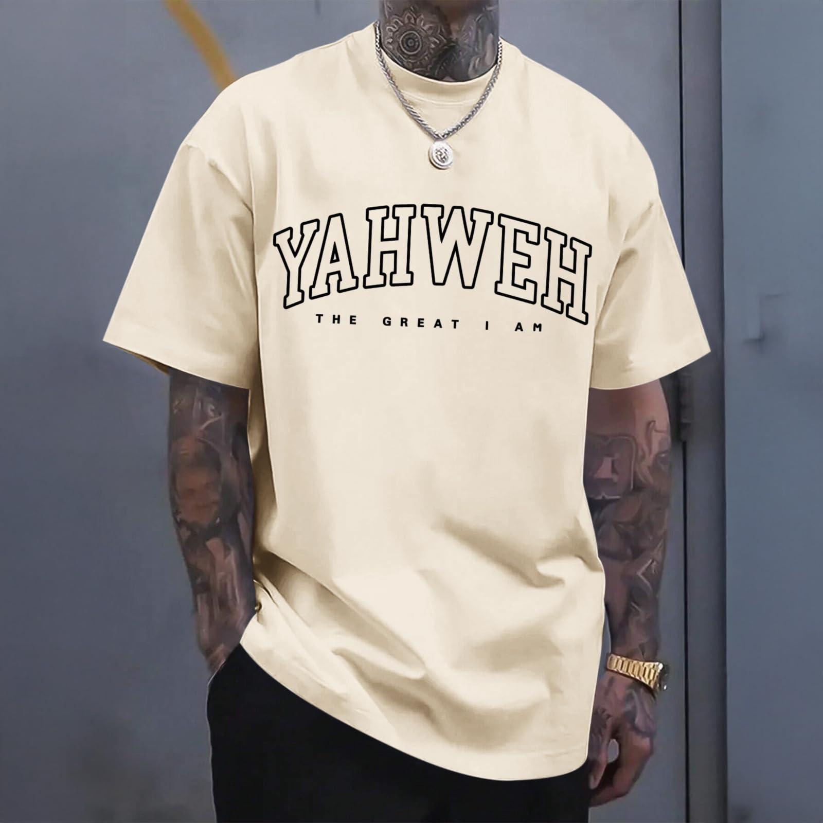 Men s YAHWEH The Great I Am Print Tee, Casual Christian Faith Oversized Short Sleeve Top L бежевый