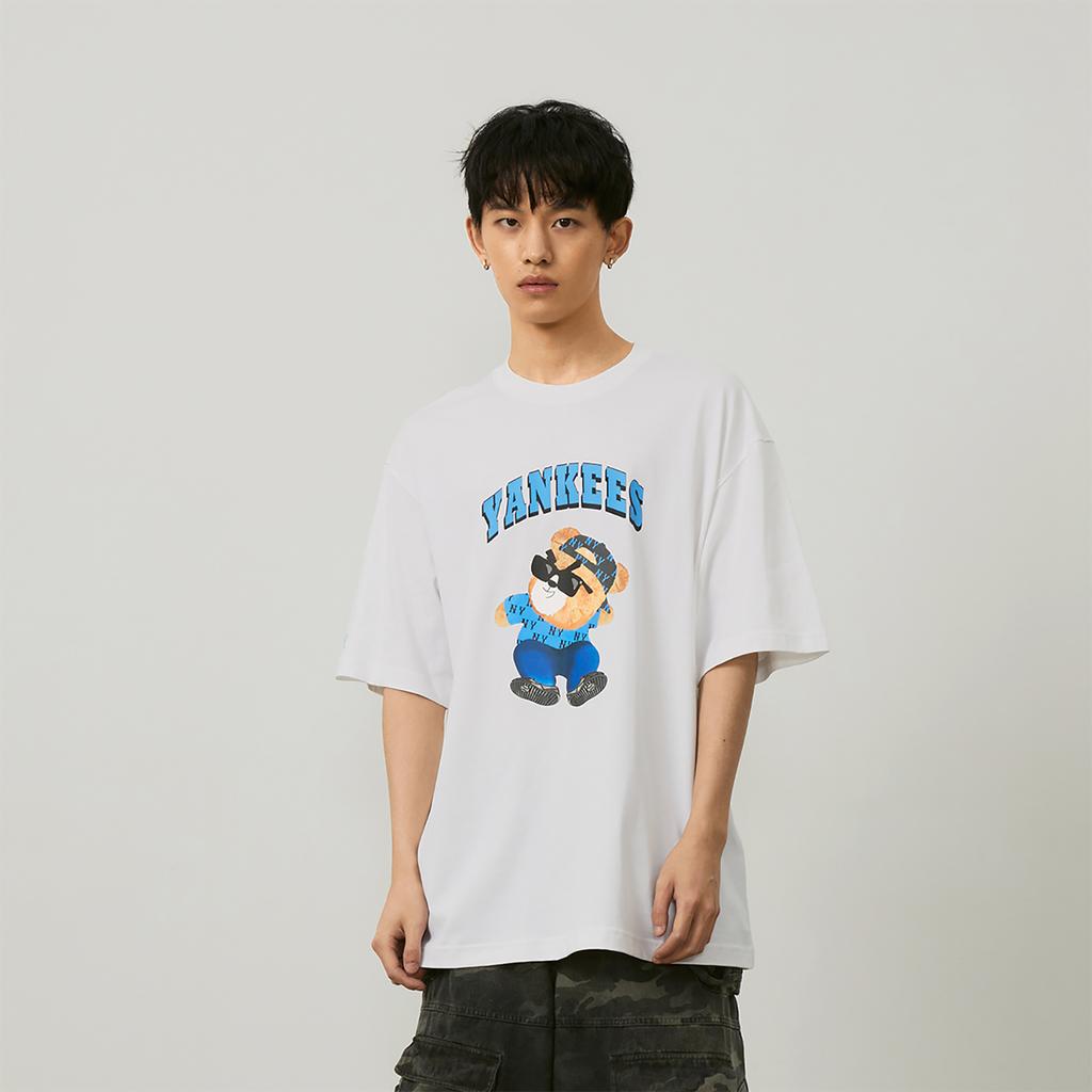 New MLB Frown Bear Series SS24 Drop Shoulder Sleeve T Shirt Unisex White 3ATSE0143-50IVS