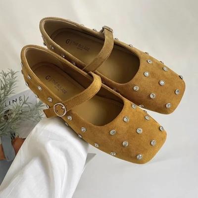 Frühlings flache Schuhe für Damen quadratische Spitze flacher Ausschnitt Wildleder Strassstein weiche Sohle rutschfest abriebfest einzelne Schuhe