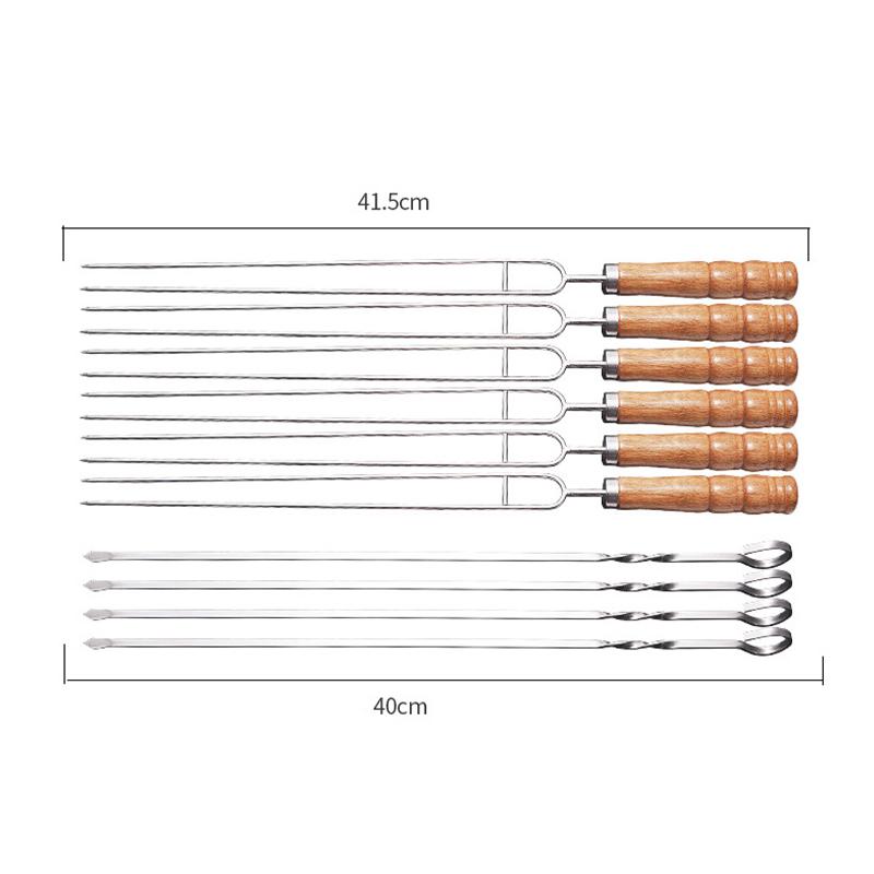 Wood BBQ Fork BBQ Skewers Long Handle Kebab Barbecue Grill Sticks Reusable Stainless steel Outdoor Camping BBQ Tools Set