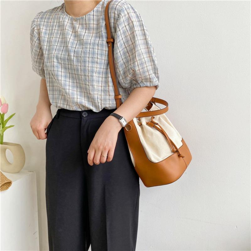 Portable Canvas Bag Niche Splicing Design Shoulder Messenger Bag Fashion Versatile Drawstring Bucket Bag Women