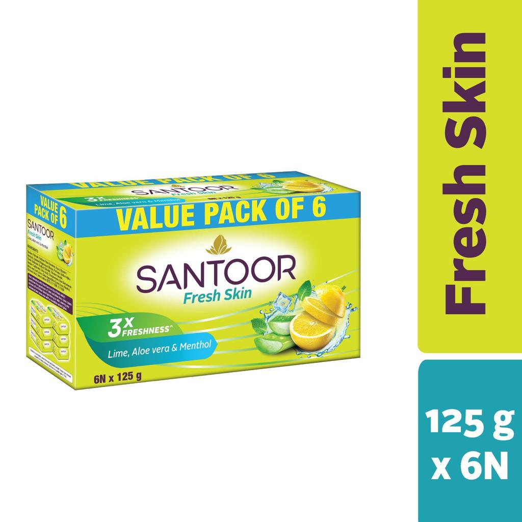 Santoor Fresh Skin Aloe Vera And Lime Bathing Soap Bars For Deeply Moisturizing Hydration Pack of 1 6N X 125g