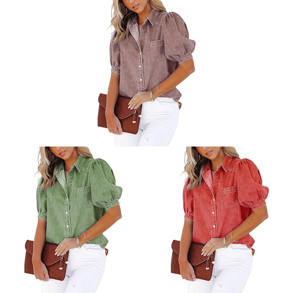 Cotton Blended Short Sleeve Shirt With Color Blocking For Office Women