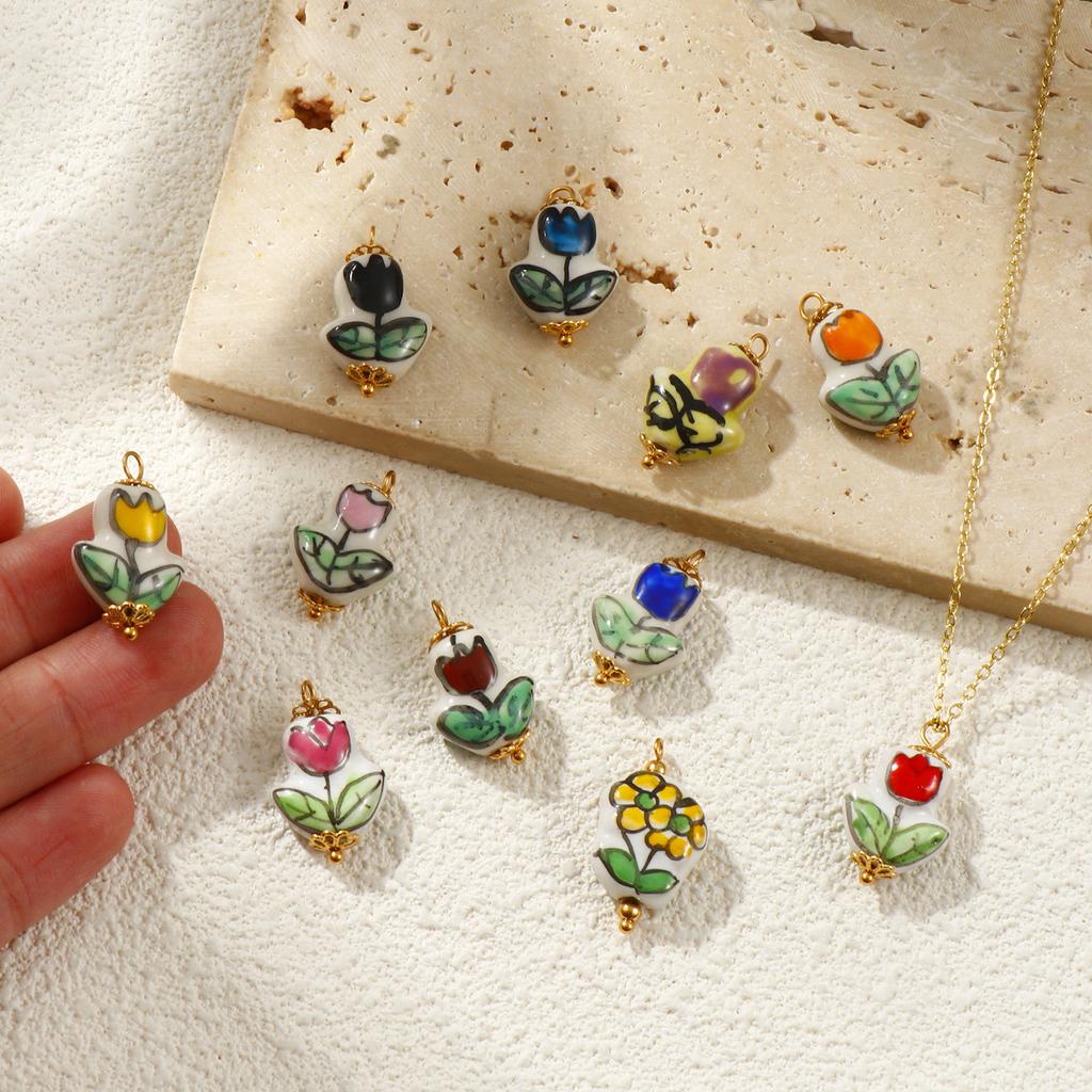2PCs 304 Stainless Steel & Ceramic Tulip Flower Charms Flora Collection 18K Gold Plated Pendants For DIY Necklace Jewelry Making