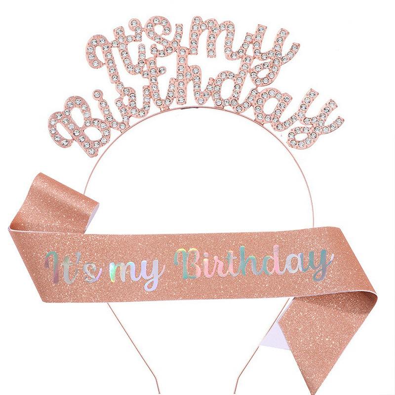 New Birthday Headband Shoulder Strap Etiquette Belt Set IT'S MY BIRTHDAY Women's Headdress Hair Accessories Party