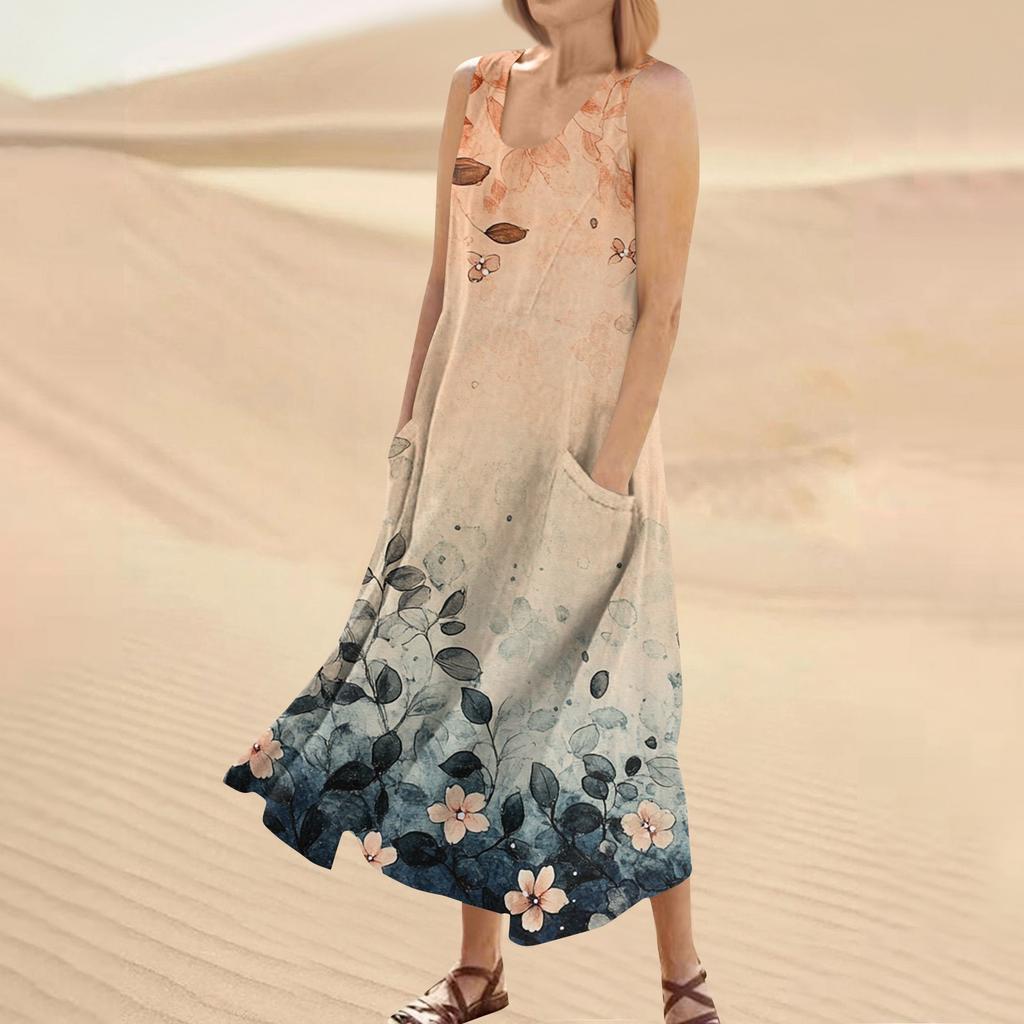 Women's Summer Casual Fashion Flower Printed Sleeveless Round Neck Pocket Dress