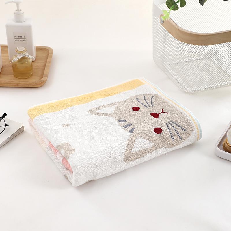 Cartoon Cat Embroidered Yarn-Dyed Soft Bath Towel