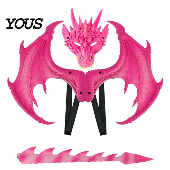Dragon Dress Up Set Children's Costumes Set, with Mask Tail And Wing, Lightweight Red Blue Green Black Wings Cosplay Costumes, for Ages 3-12
