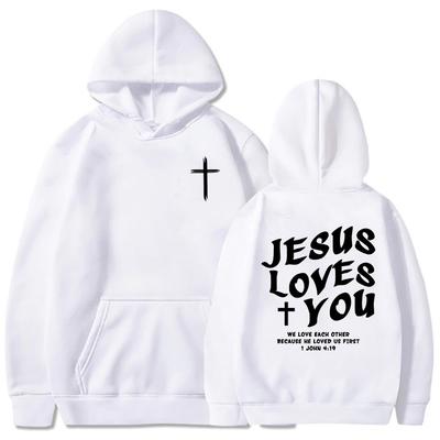 Jezus Cię Kocha Chrześcijańskie Bluzy z Wersetami Biblijnymi Nadruk Graficzny z Literami Bluzy Męskie Damskie Bluzy z Kapturem Unisex Top