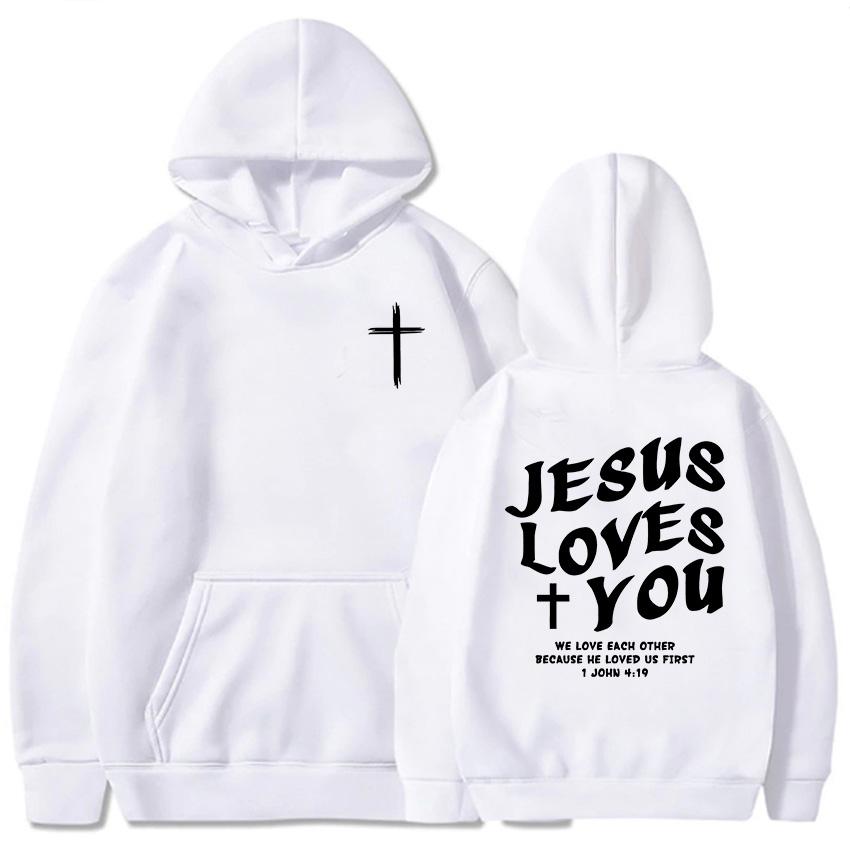 Jesus elsker deg Kristne bibelvers hettegensere Bokstavgrafikk trykk Sweatshirts Menn Kvinner Hettegensere Unisex topper