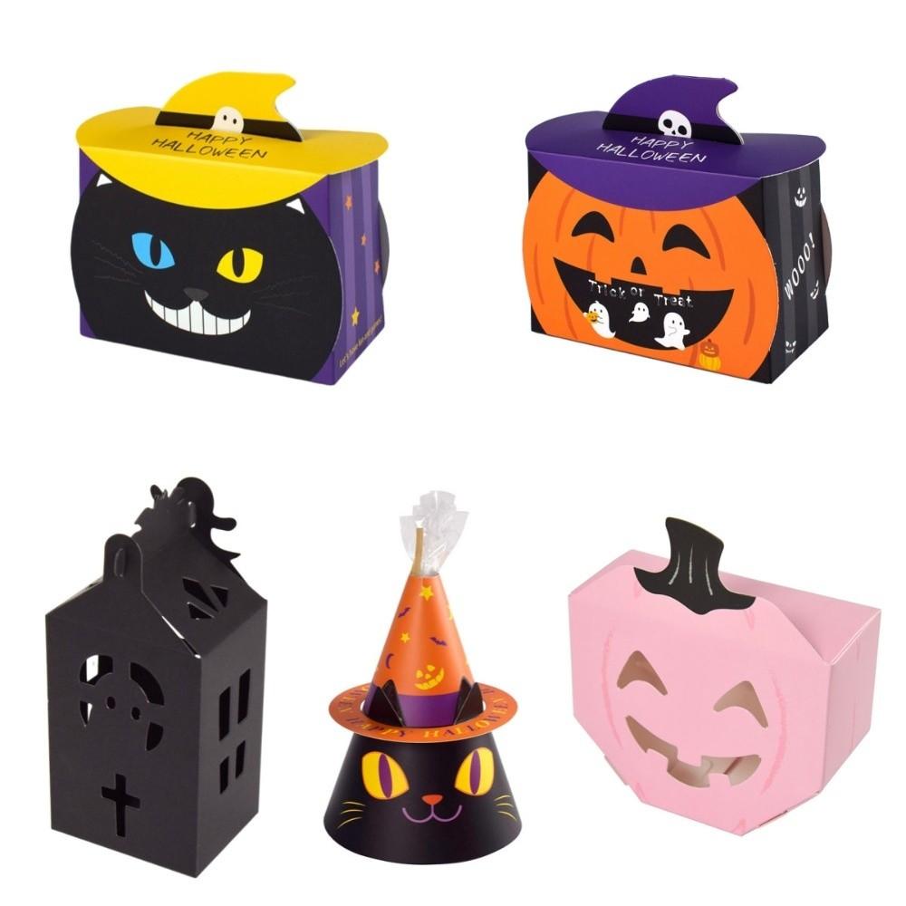 10pcs Pumpkin Halloween Candy Gift Box Ghost House Hollow Window Candy Packaging Box Black Cat Cartoon Cookie Box Bakery