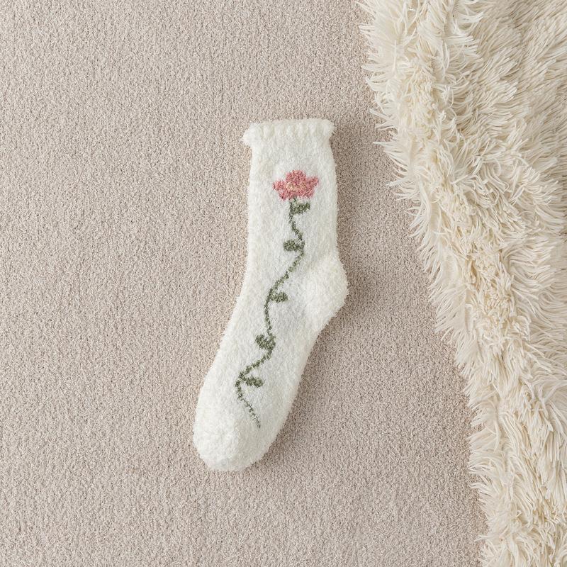 Coral Velvet Socks Women Winter Thickening Does Not Lose Hair Home Sleep Socks Tulip Warm Mid-Calf Floor Socks
