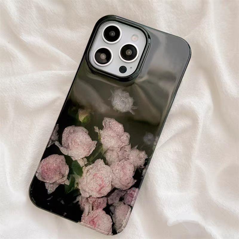 Pink Rose Flower Glossy Black Phone Case For iPhone 16 16e 15 14 13 12 11 Pro Max XS XR 7 8 Plus Shockproof Soft Silicone Cover