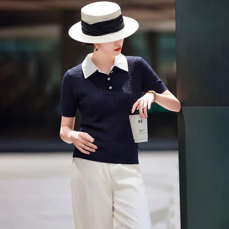 Lansere Polo Collar Color-Block Knit Top One Size