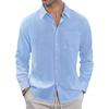 Cotton and Linen Shirt, Thin Lapel Collar with Pocket, Long-sleeved Shirt for Men