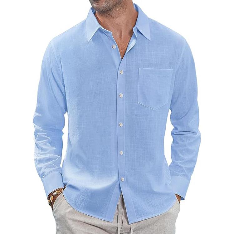 Cotton and Linen Shirt, Thin Lapel Collar with Pocket, Long-sleeved Shirt for Men