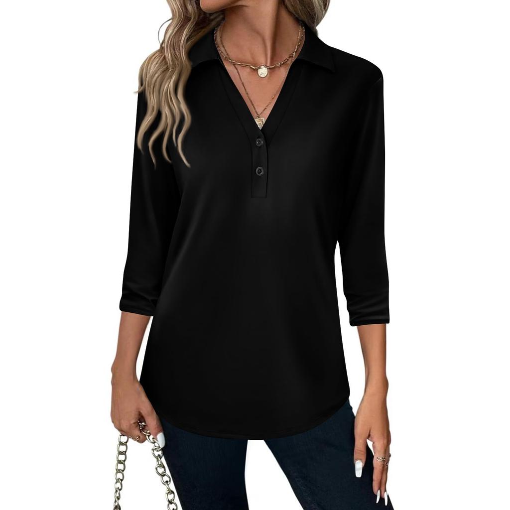 Women's Fashion Casual Lapel Short 3/4 Sleeve Solid Color Shirt Women's V-Neck Button Tops