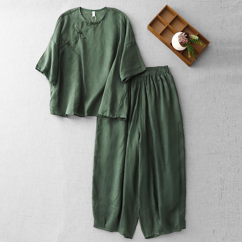 

2026 Summer Zen Retro Cotton Linen Casual Set XXL зелений