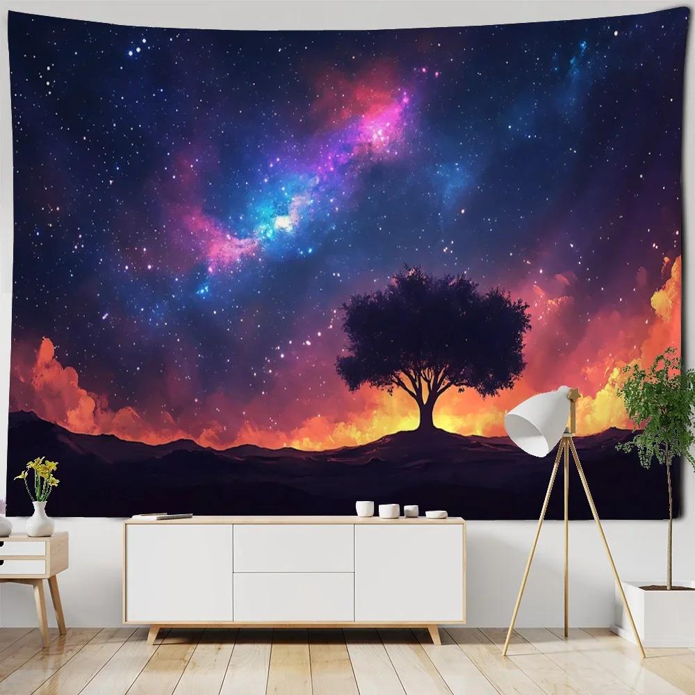 Tree starry sky tapestry dreamy landscape forest mural room art decoration living room bedroom hippie wall hanging blanket