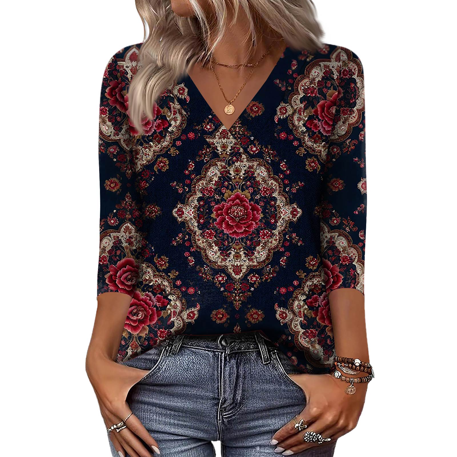 

Женские рубашки с рукавом 3/4, топы с принтом и V-образным вырезом, повседневные топы, базовые футболки, блузки, свободные топы XXL тёмно-синий