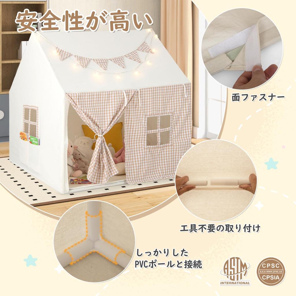 COSTWAY Kids' Folding Tent with LED Lights, Secret Base Playhouse, Kids House, Sleeping Tent, Toy House with Window, Indoor Play Tent for Girls and