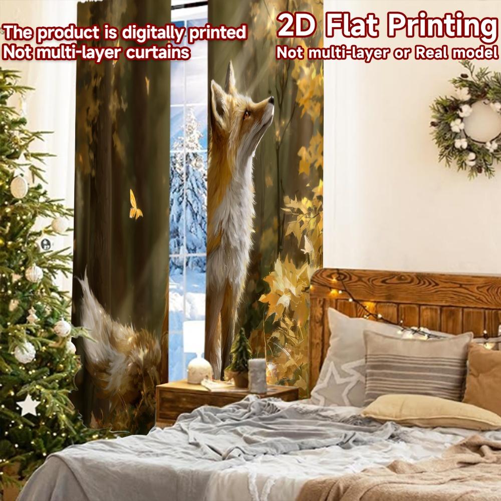 2pcs, 2D FLAT PRINTING Curtains (Without Rod) Autumn Fox Halloween Festival Creative Curtains Polyester Curtains Decorations