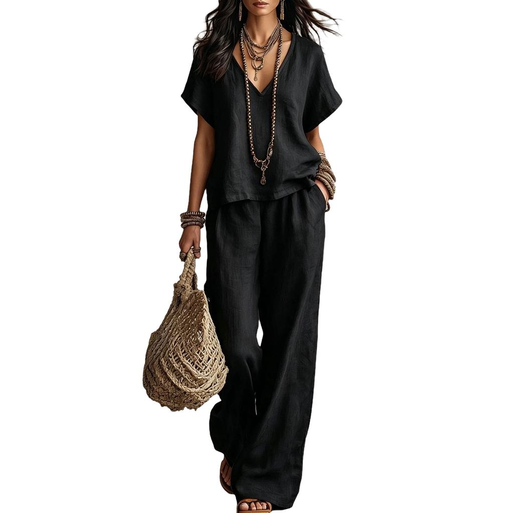 Completo Due Pezzi Donna Scollo a V Manica Corta Vestibilità Larga Pantaloni Colore Abbigliamento Casual