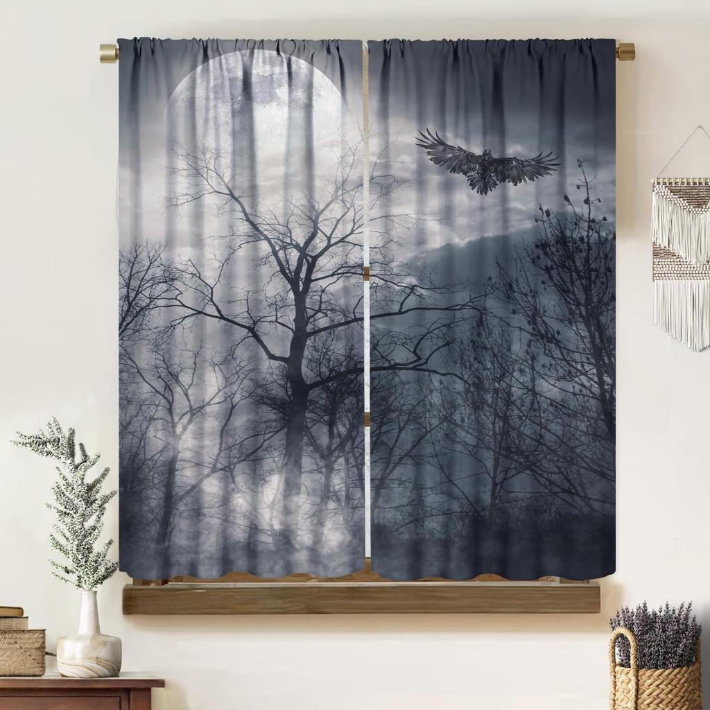 Gothic Dark Misty Forest Curtains Mysterious Horror Foggy Dim Dead Jungle Under Strange Bright Moon Thermal Insulation Blackout Made Of Polyester