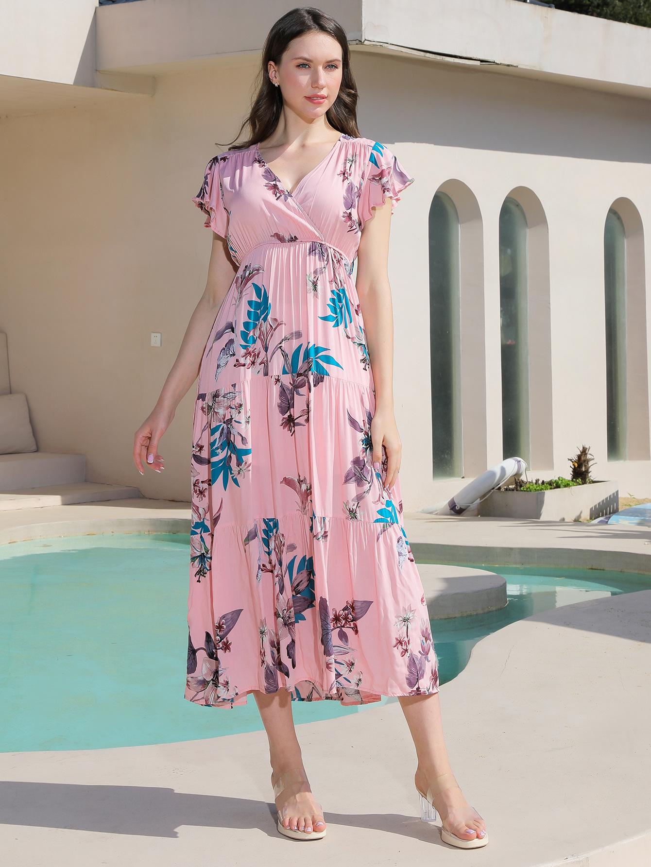 

2024 Европейское и американское женское пляжное платье из вискозы с принтом - Приталенное, Длинное платье с широким подолом S