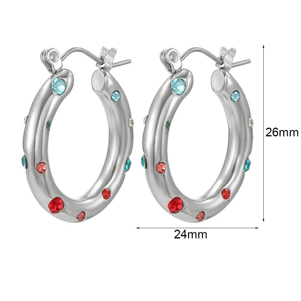 

1 пара модных высококачественных красочных круглых серег-колец с кубическим цирконием, устойчивых к ржавчине, нержавеющая сталь, повседневные украшения, подарок для вечеринки