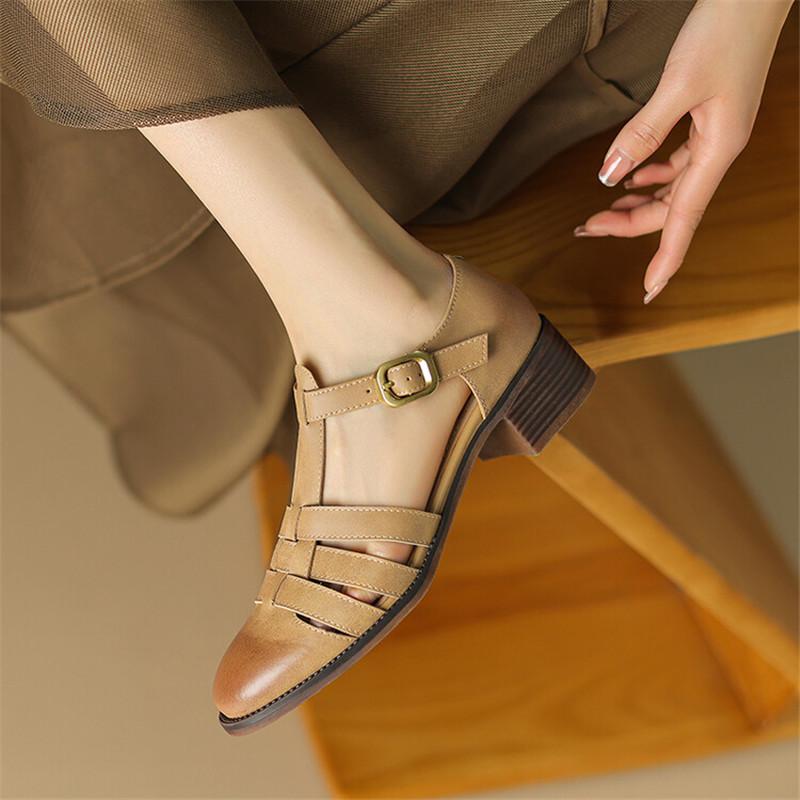 Fashion 2025 New Summer Sandals Split Leather French Retro Woman Shoes Chunky Heel Round Toe Sandals Shoes Handmade Casual Women Pumps