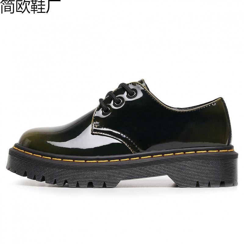 1 thick-soled hole small leather shoes female, low-top leather color-changing green round head casual student medium thick pine