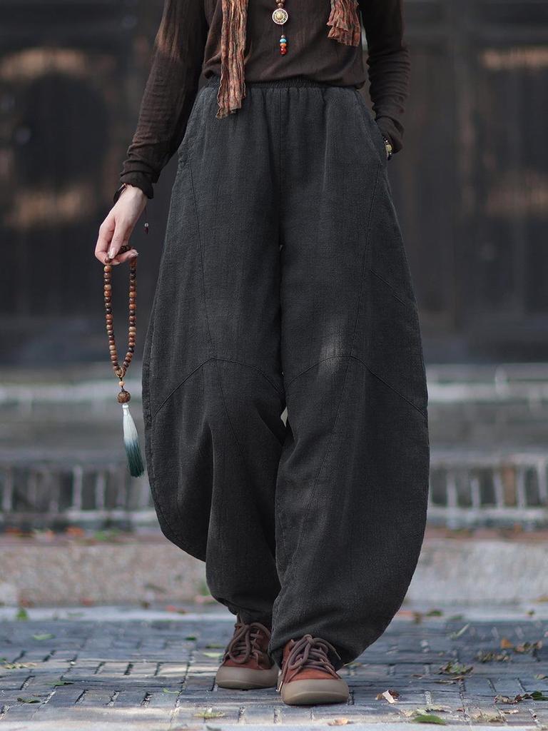 Women's Retro Ramie Sand-Washed Distressed Loose Lantern Pants for Meditation and Tai Chi