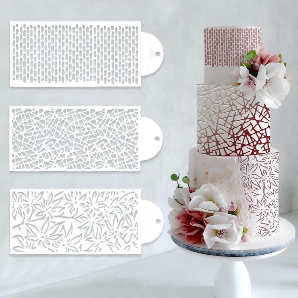 12 Pcs Cake Stencils Cake Templates Set Floral Leaf Linear Stripe Lace Irregular Geometry Wedding Icing Stencils Cake Molds Cookie Dessert