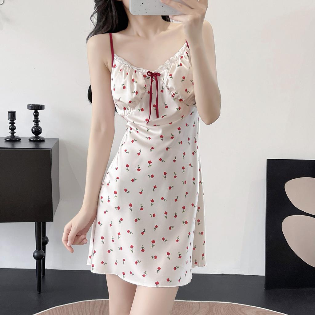 Internet celebrities live sexy women's pajamas ice silk suspender nightgown pure desire storm point thin hanging skirt loungewear with chest pad