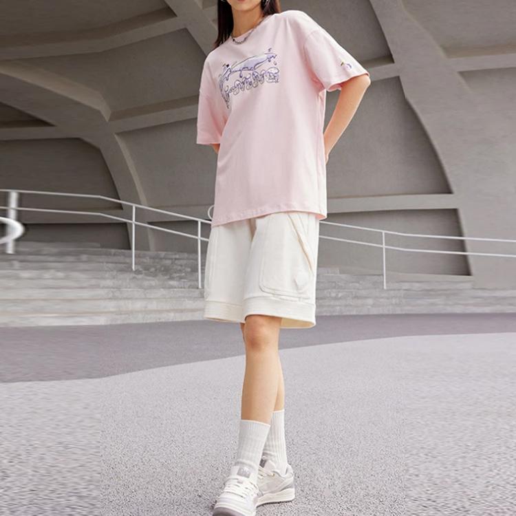 Li-Ning Cartoon Logo Print Round Neck Short Sleeve T-Shirt Women Tops Pink AHST564-3