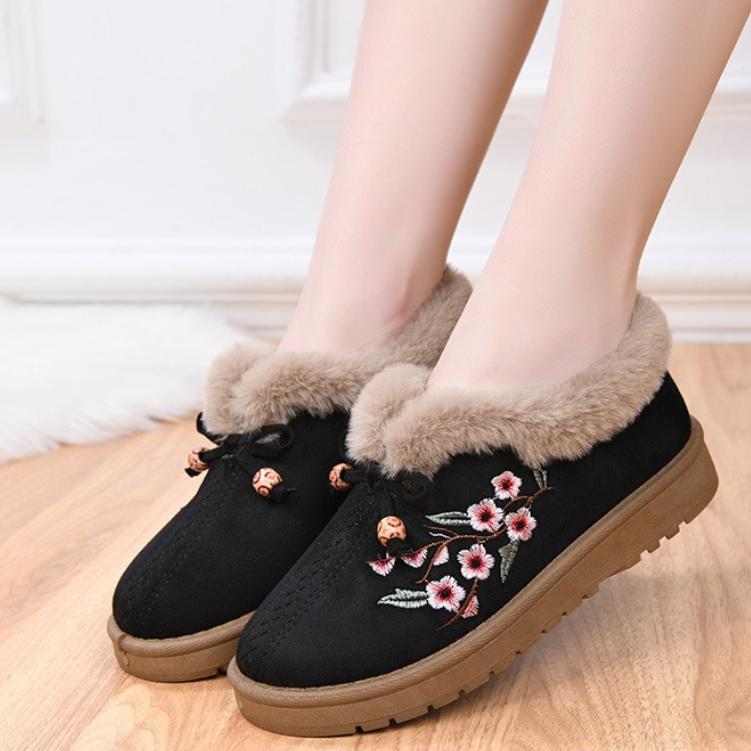 Winter Women's Thickened Warm Casual Shoes Flat Embroidered Cotton Boots